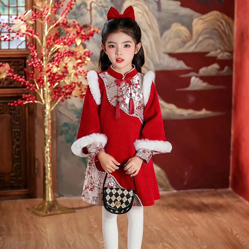 女童唐装汉服连衣裙冬季2025新款加厚刺绣拜年服中国风儿童公主裙