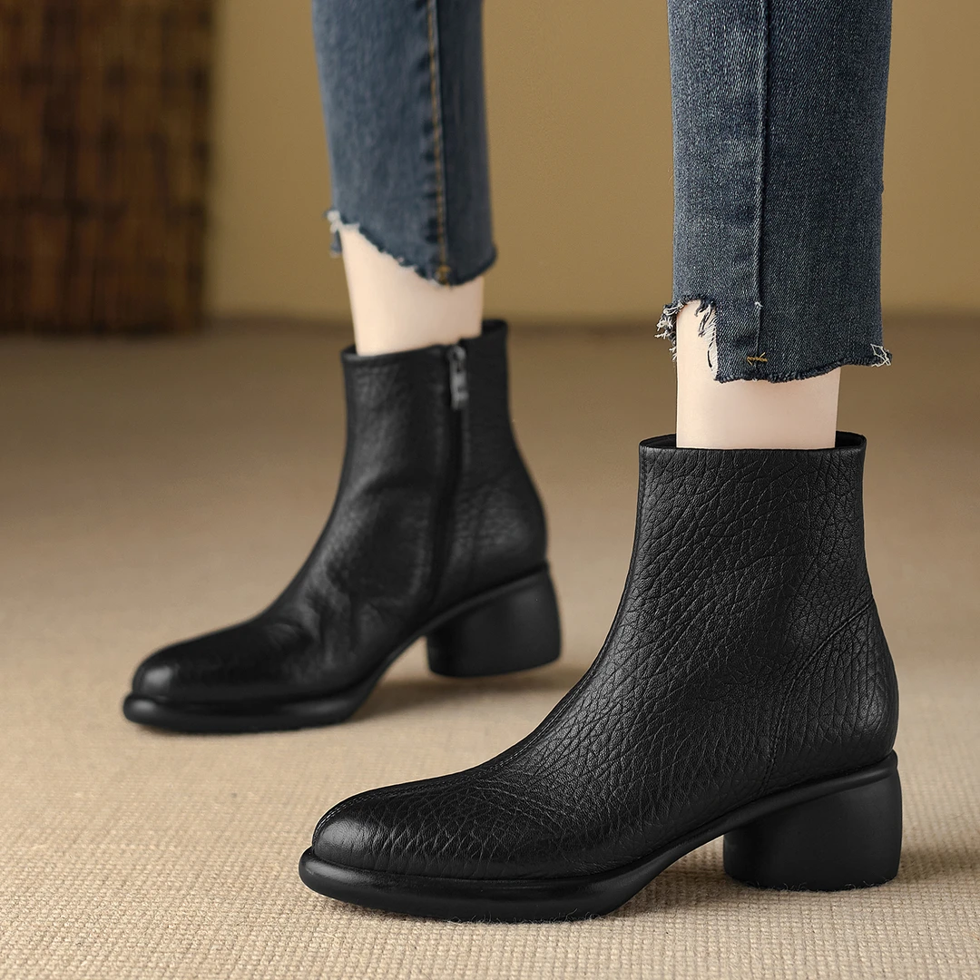 不累脚手工女鞋5.5cm~阔腿裤必备鞋百搭粗跟圆头时装靴轻奢鞋子女