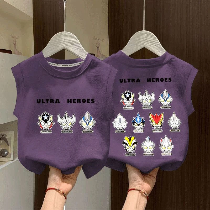 爆款男童卡通奥特曼图案背心T恤夏季新款中大童纯棉无袖百搭上衣t