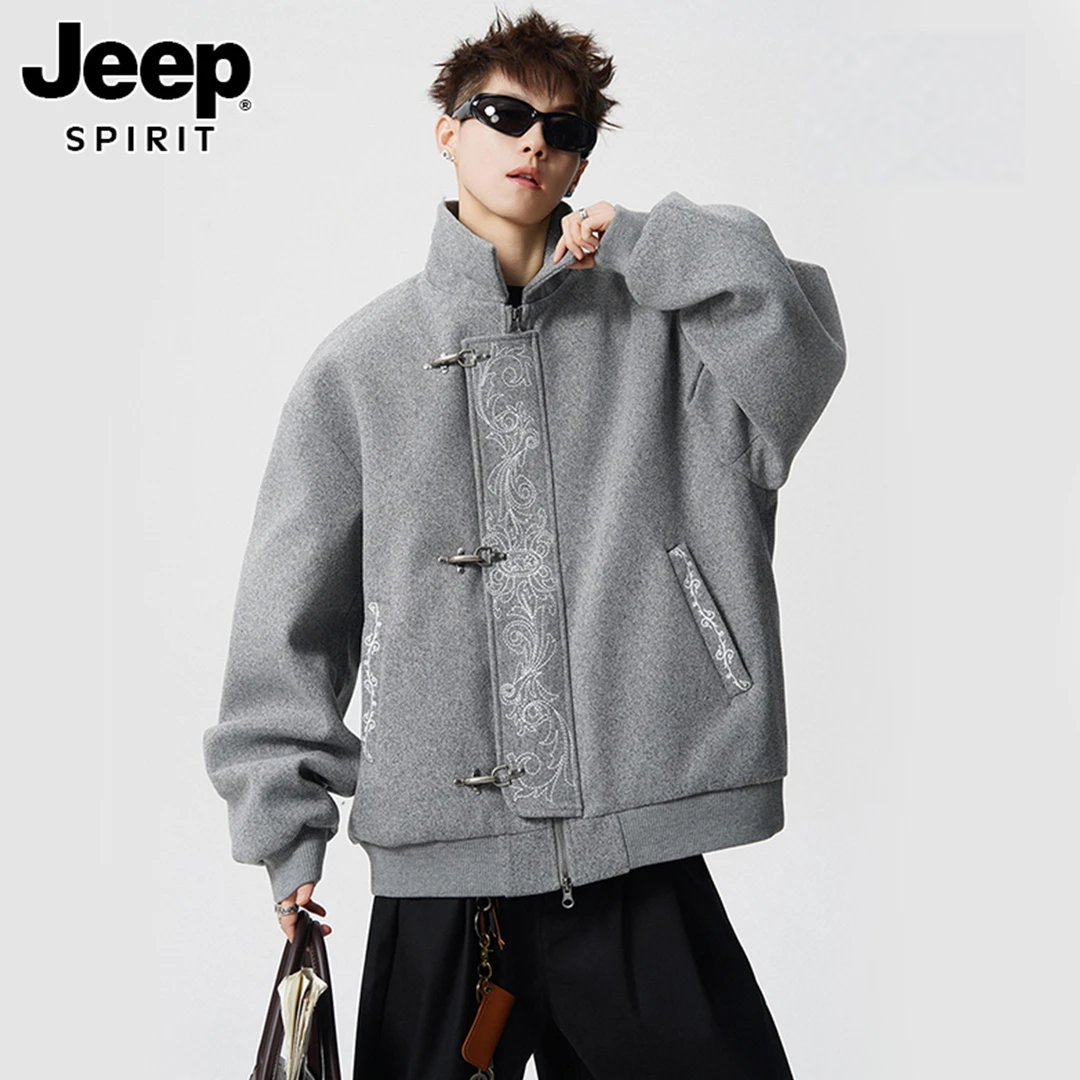 JEEPSPIRIT飞机扣夹克翻领棉服男款冬季纯色外套宽中加绒翻领夹克