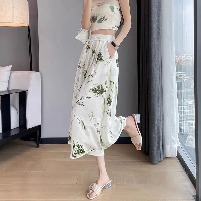 水墨画扎染阔腿裤女2025新款夏季薄款高腰八分冰丝休闲七分裙裤子
