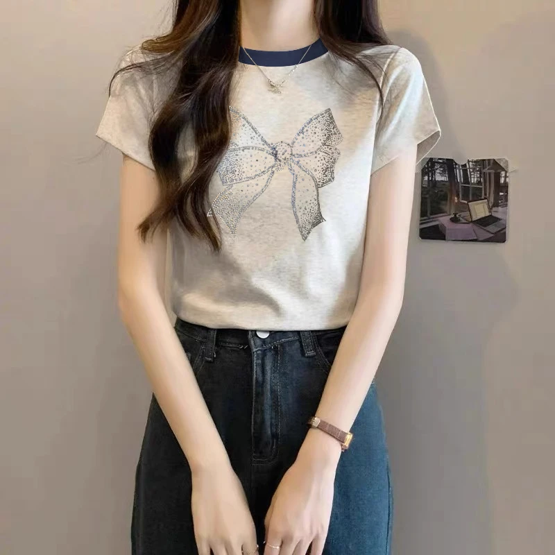 2025新款正肩纯棉短袖t恤女ins休闲百搭插色洋气撞色灰色上衣夏季