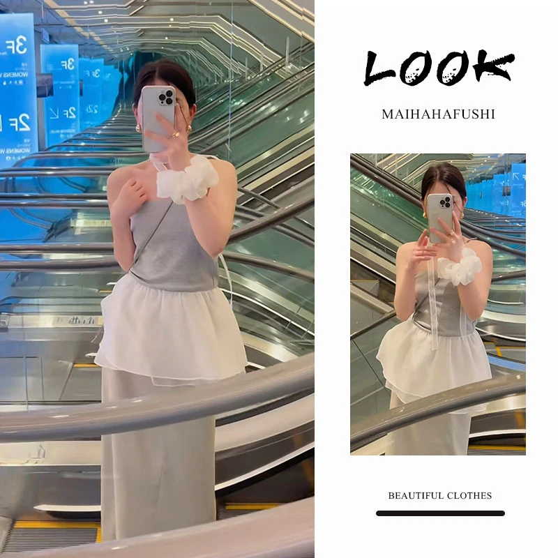 夏季一整套女装2025新款韩版洋气抹胸背心拼接上衣高腰半身裙套装