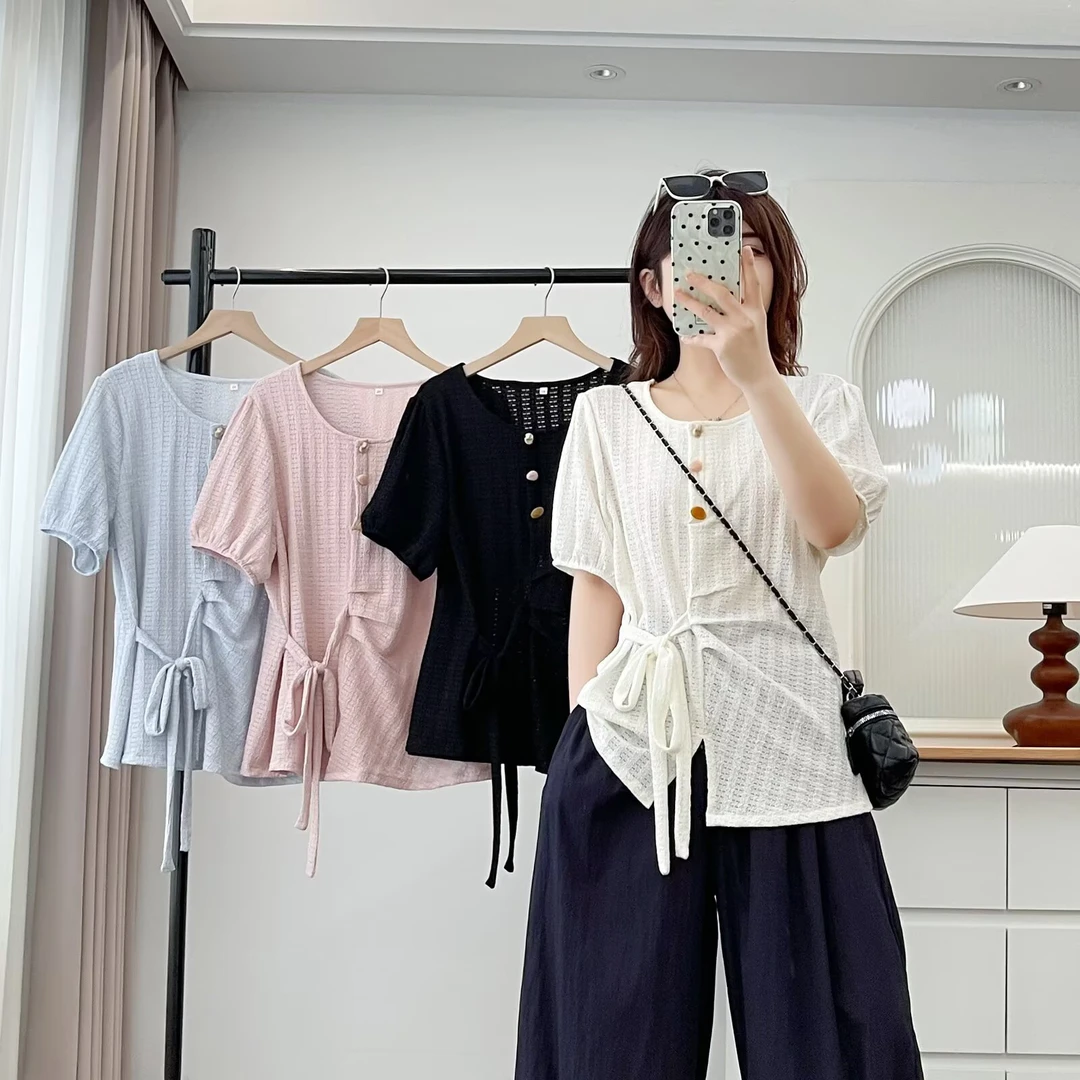 常规款圆领大码T恤常规拼接纽扣女性甜美风宽松型