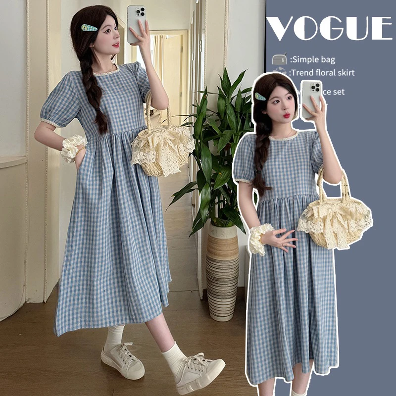 孕妇夏装2025新款蕾丝边甜美减龄简约气质短袖孕妇中长款连衣裙