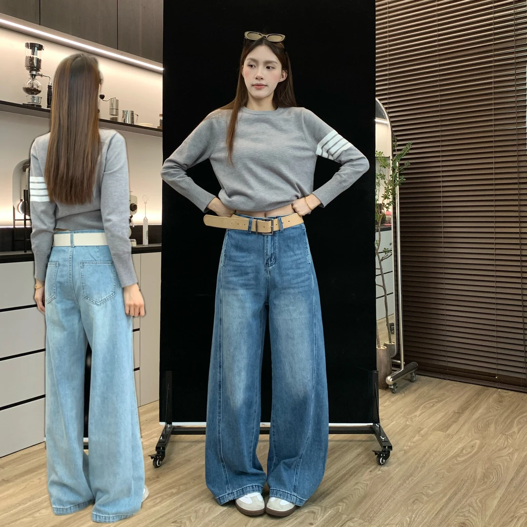 肚子6352春季高个子韩版高腰牛仔裤女阔腿弯刀裤宽松百搭纯色长裤