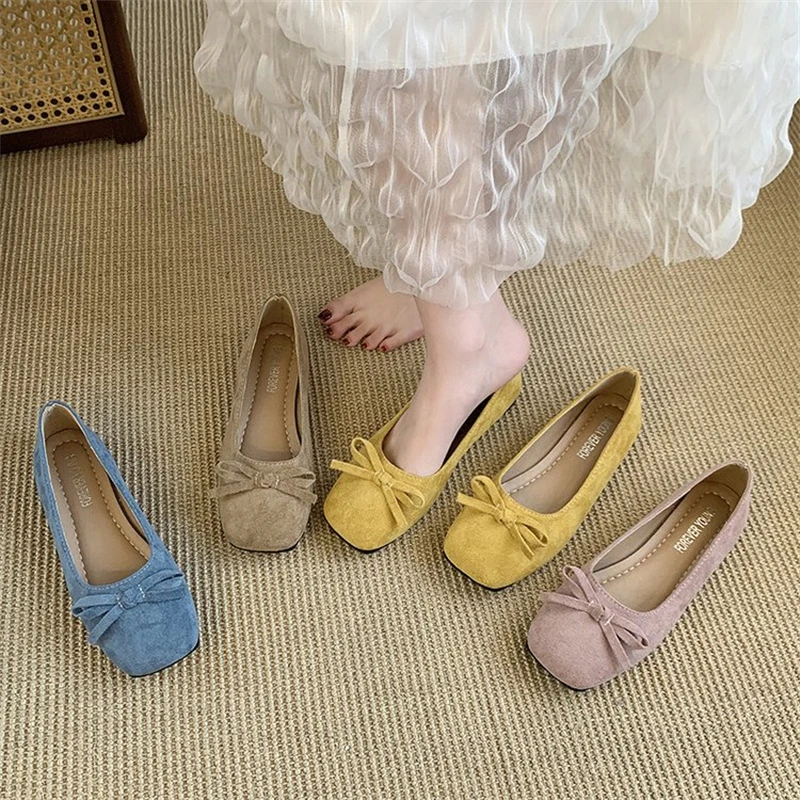 法式温柔风2025春季新款蝴蝶结浅口方头一脚蹬舒适软底平底单鞋女