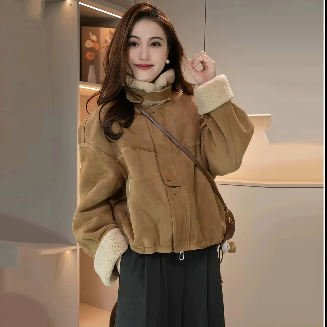 高级感加厚加绒短款宽松羊羔毛外套女2025秋冬季新款休闲夹克上衣