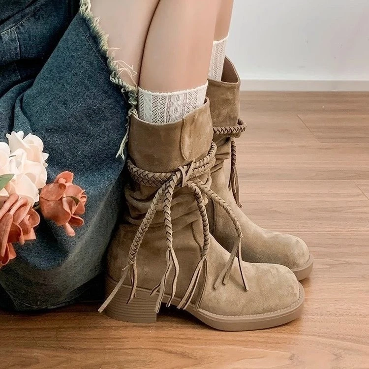 废土风厚底粗跟复古骑士英伦风秋冬系带磨砂流苏百搭瘦瘦靴时尚女