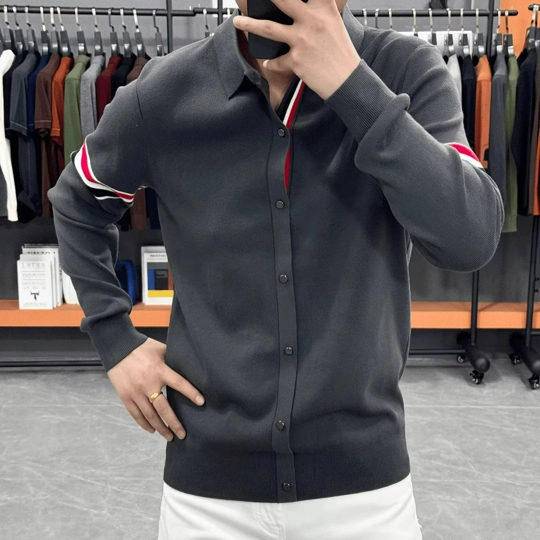 春秋翻领开衫毛衣外套男女休闲拼接针织衫上衣时尚简约百搭衬衫领