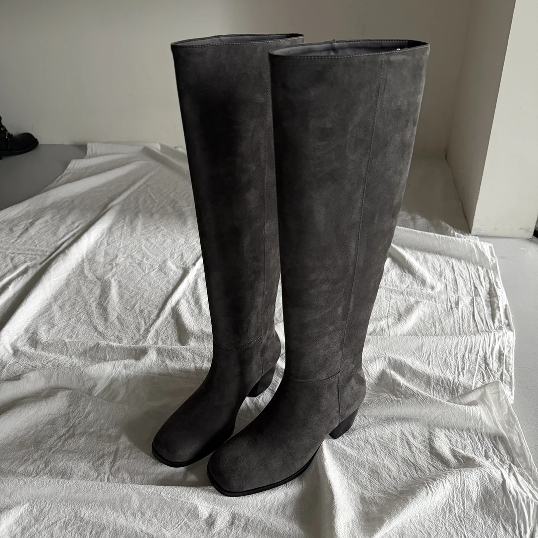 YDD/25秋冬新款巴黎暮色及膝极简复古风气质方头低跟长筒靴/5815