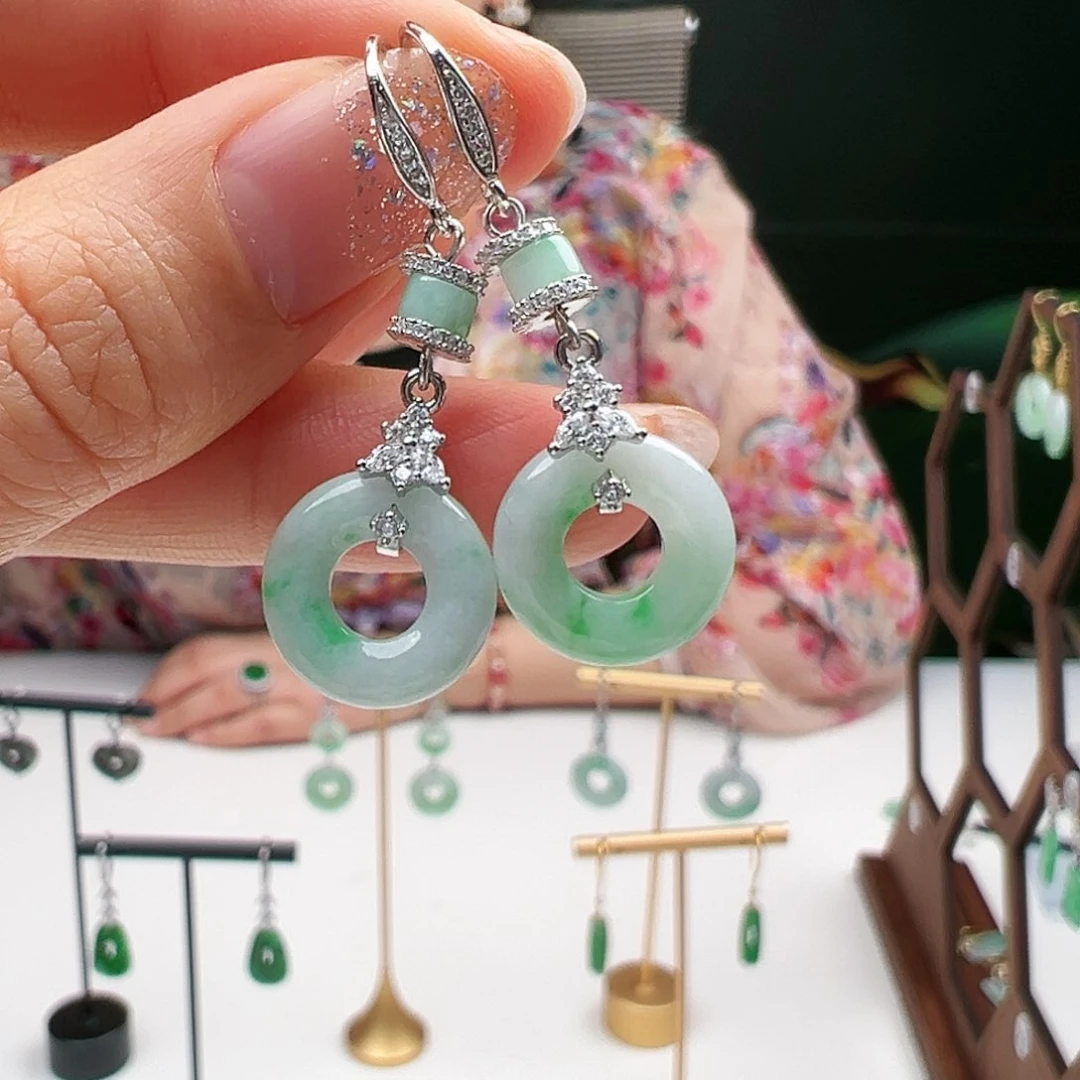 翡翠耳饰银S925镶嵌天然翡翠耳饰银s925镶嵌