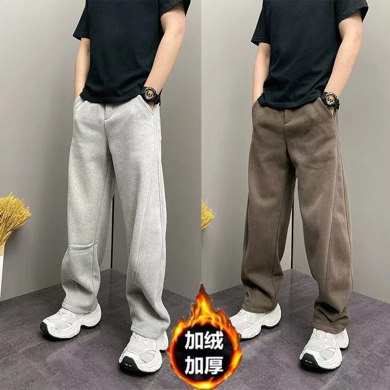 2025秋冬新款加绒加厚简约百搭弯刀休闲男士宽松显瘦直筒运动裤