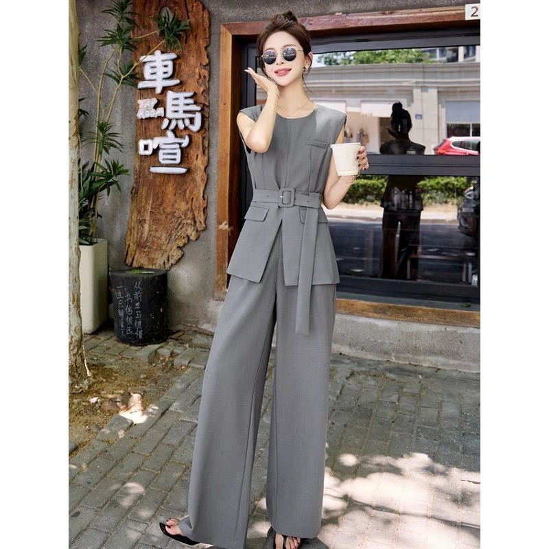 休闲时尚西装两件套女夏超火新款职业收腰无袖马甲阔腿裤一整套装