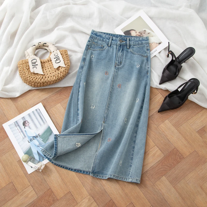 前开叉高腰牛仔半身裙女2025刺绣夏季宽松a字开叉中长裙子