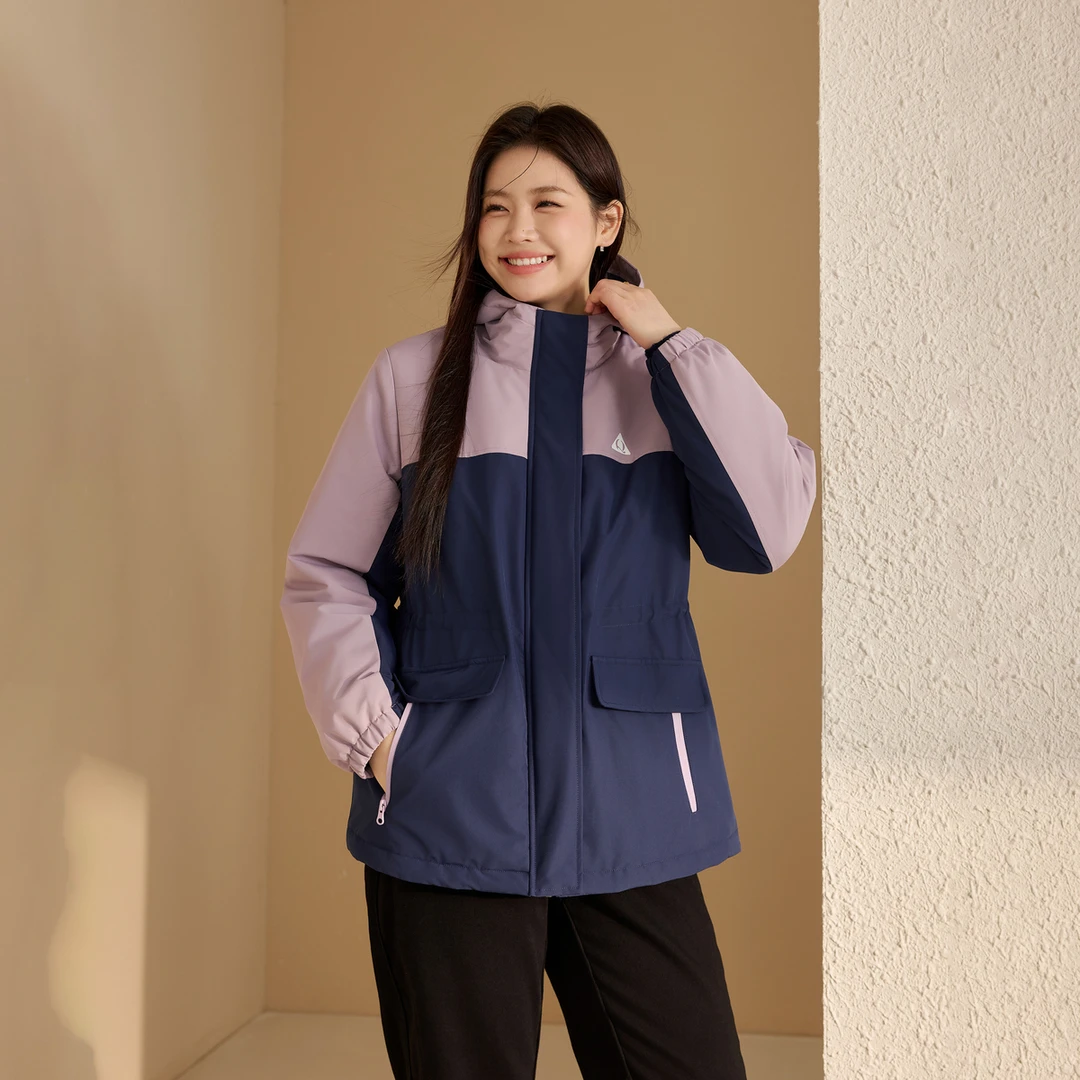 【撞色工装风轻户外连帽拉链棉服外套】纤莉秀大码女装新QK2973