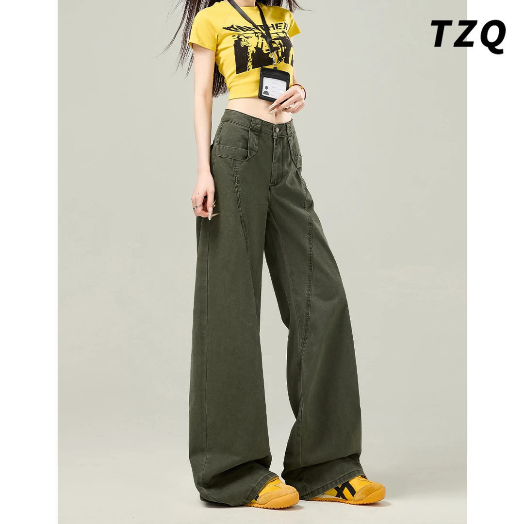 2025秋季新款美式军绿牛仔裤女宽松高腰百搭工装裤子TZQ2532439