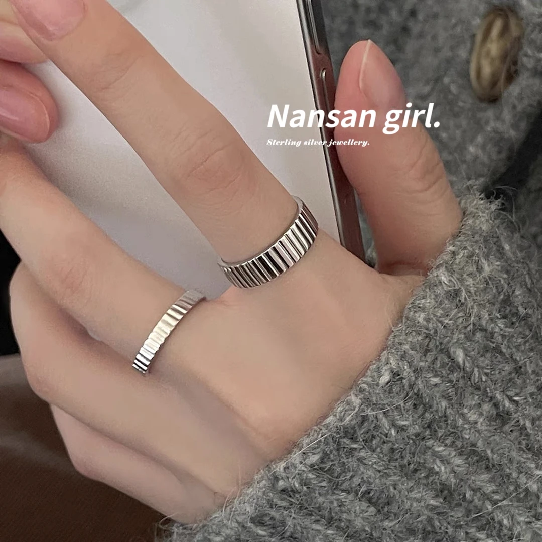 925银戒指 925纯银竖纹戒指简约轻奢高级食指戒开口可调节指环