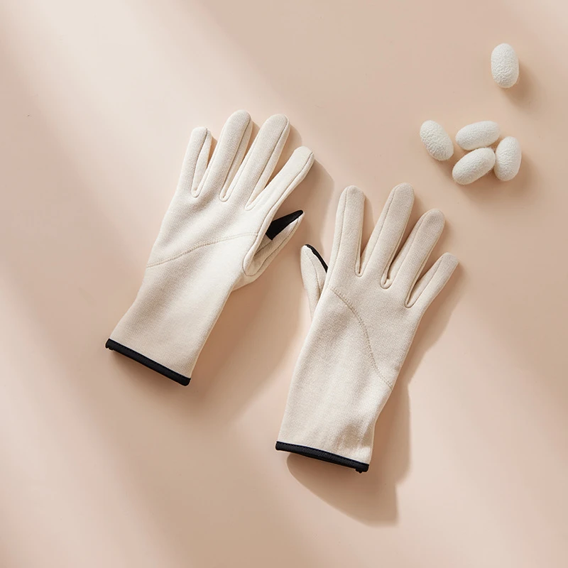 100%真丝内胆拉绒手套女冬季加绒桑蚕丝加厚触屏保暖