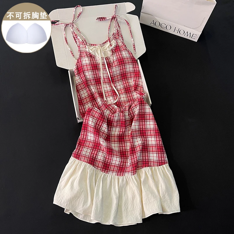 高级感睡衣女生新款夏季甜美带胸垫吊带睡裙红色格子中长款家居服