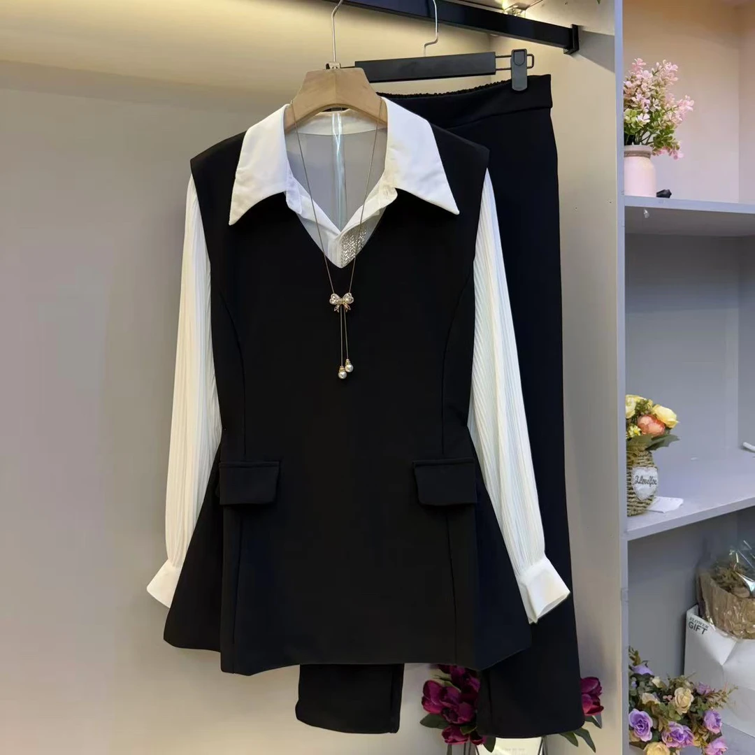 2025秋新款欧货衬衫显瘦马甲裤子气质高级感三件套