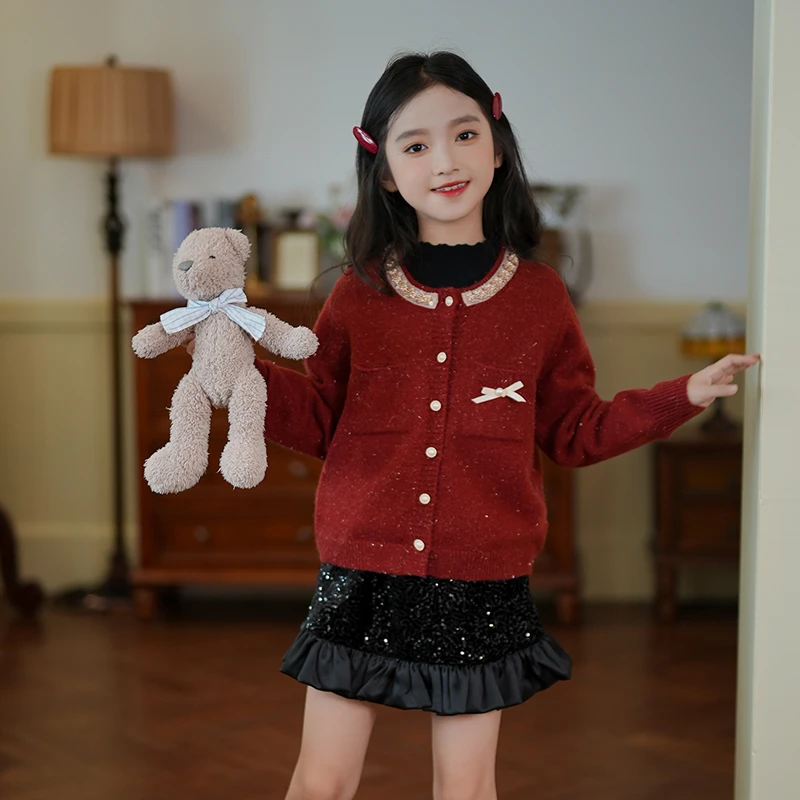 0769602女童小香风毛衣外套红色亮片针织开衫秋季女孩洋气连衣裙