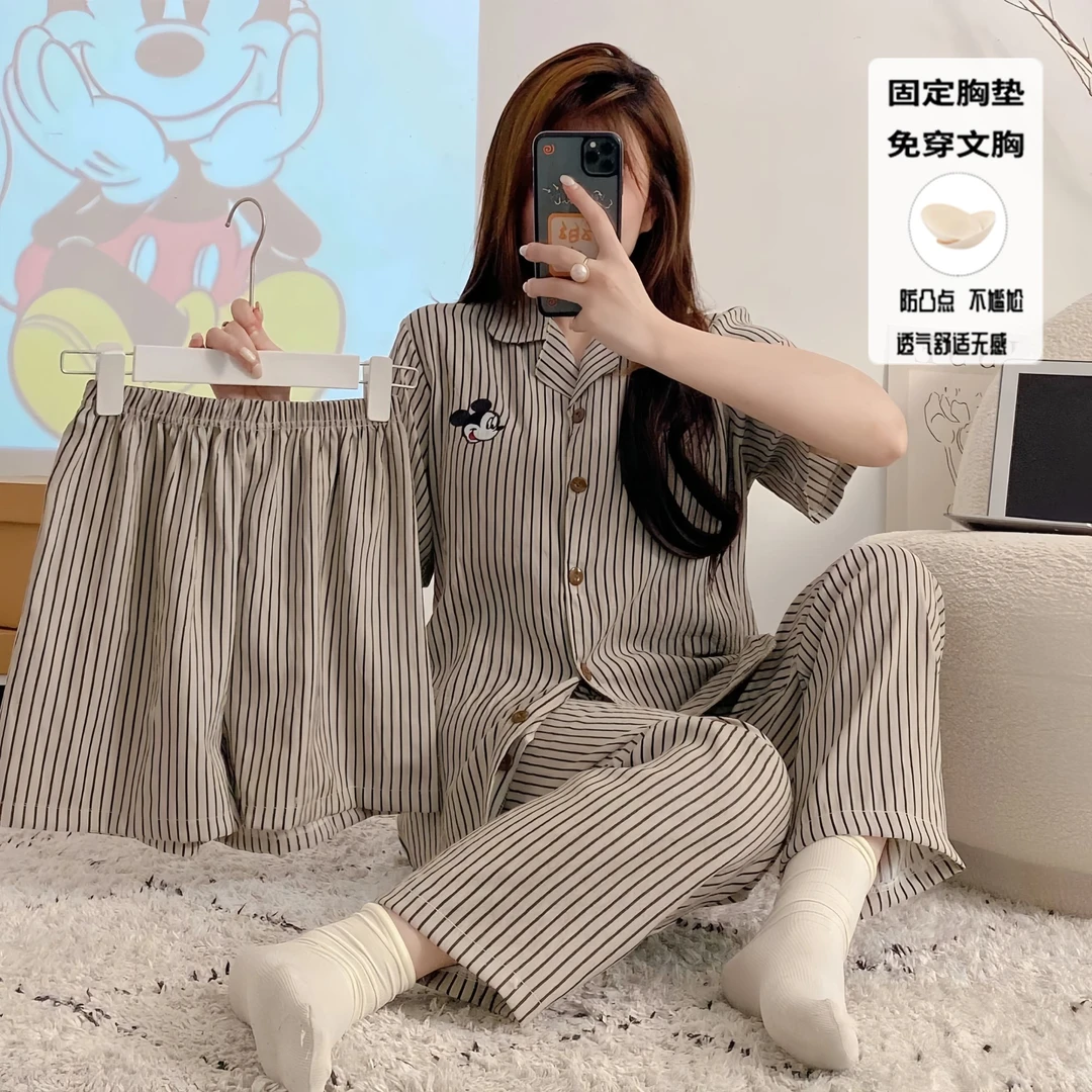 夏季竖条纹米奇卡通开衫短袖睡衣带胸垫一体可外穿家居服三件套