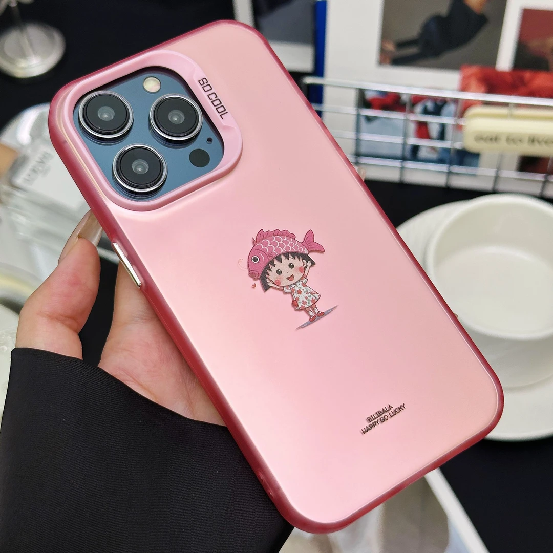 磨砂彩银粉色苹果手机壳夏天清新多巴胺ins卡通保护套樱桃小丸子