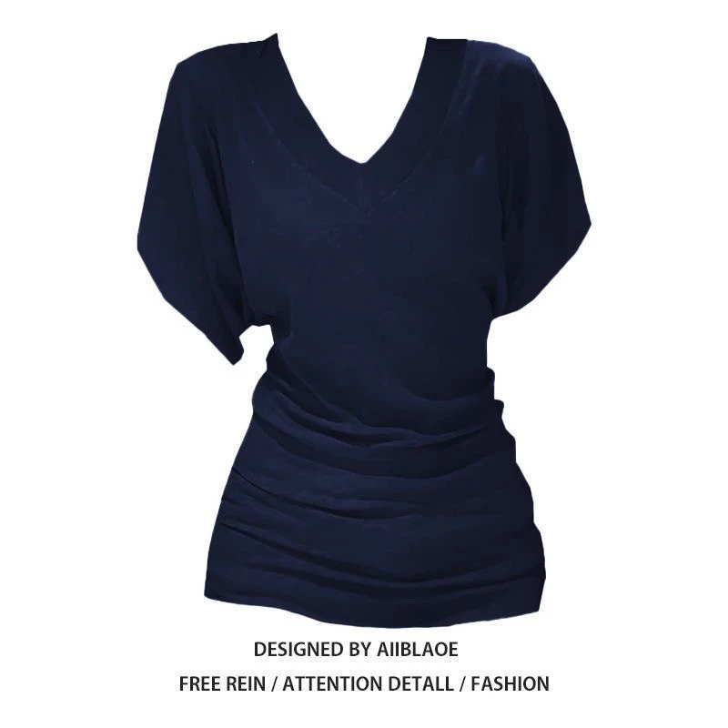 大码女装慵懒辣妹气质v领上衣夏季新款显瘦蝙蝠袖洋气衣服女