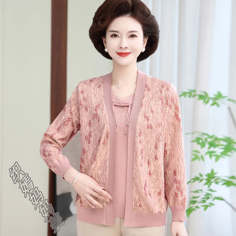妈妈春装针织假两件上衣洋气2025新款中老年女装宽松显瘦大码上衣