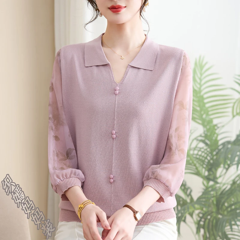 时尚妈妈春夏装薄款针织上衣洋气中老年女装翻领纱袖打底衫套装