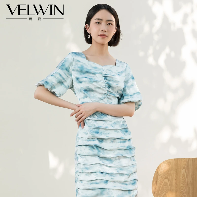 velwin蔚雯印花显瘦碎花气质方领裙子女装夏季连衣裙LELL304C11