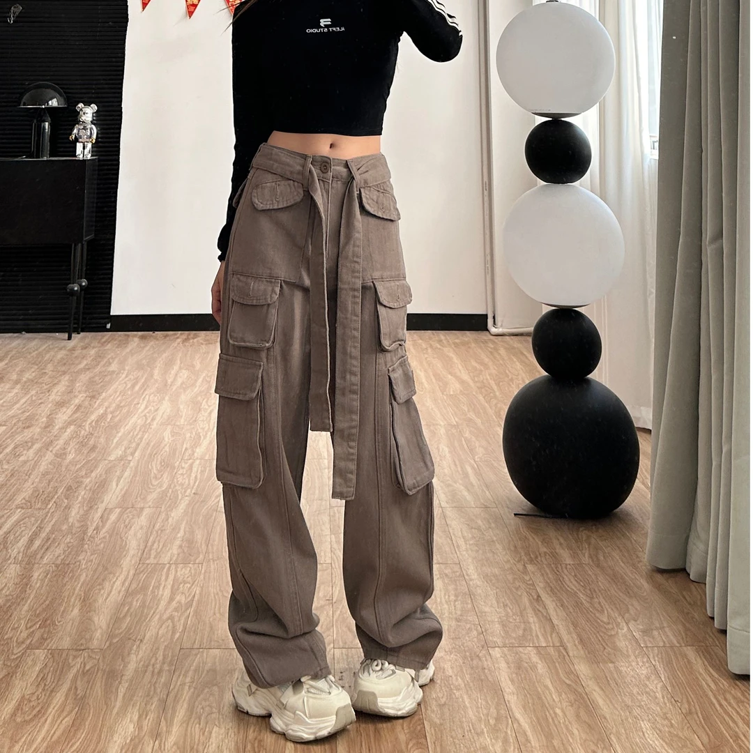 新款复古bm休闲美式高腰宽松直筒牛仔裤休闲加长拖地工装裤女8279