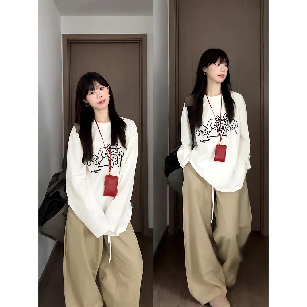 韩系卡通小狗印花长袖T恤女秋季2025新款慵懒风宽松休闲百搭上衣