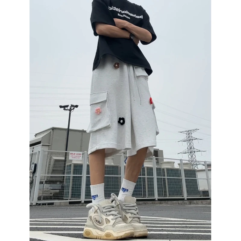 花朵七分裤男夏季美式重磅工装休闲裤子2025新款宽松过膝潮牌短裤