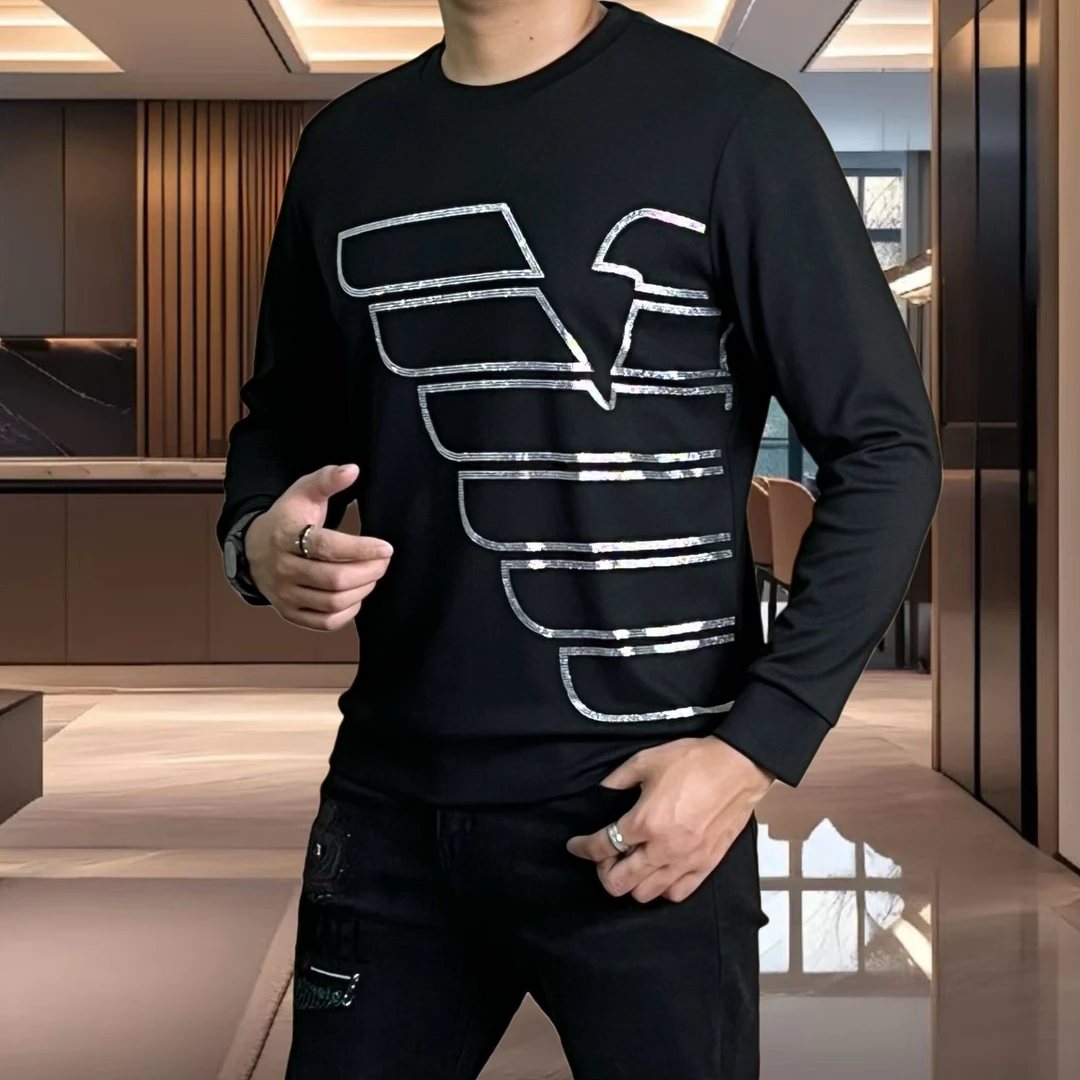 吉伦略索春秋轻奢潮流男士圆领卫衣时尚烫钻百搭长袖上衣打底T恤