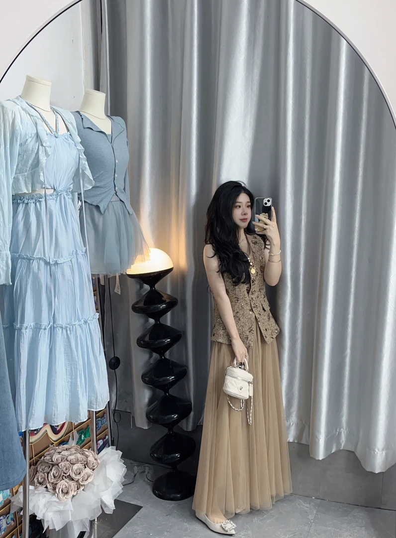 【虎妹推荐】小个子气质小香风亮片马甲半身裙纱裙