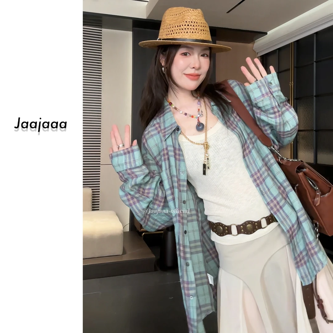 Jaajaaa薄荷芋泥  设计感复古百搭宽松慵懒风格子衬衫/XAIB