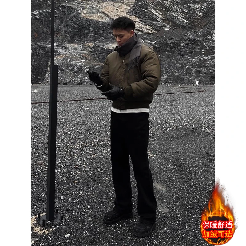 黑色加绒牛仔裤男秋冬款美式高街微喇裤子cleanfit弯刀窄版直筒裤