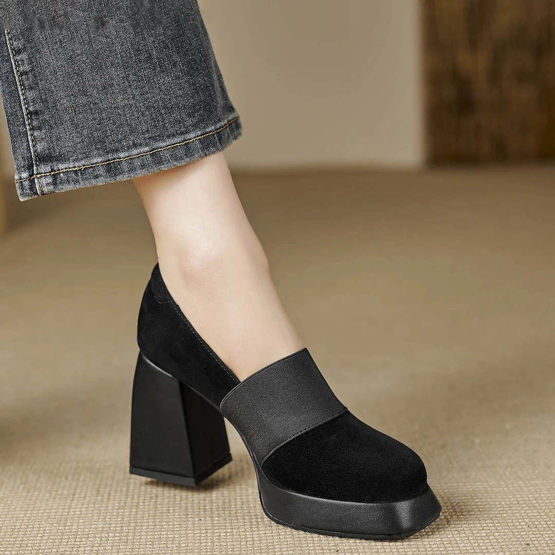 小个子手工女鞋9cm~时尚深口圆头单鞋舒适防水台高跟上班女鞋黑色