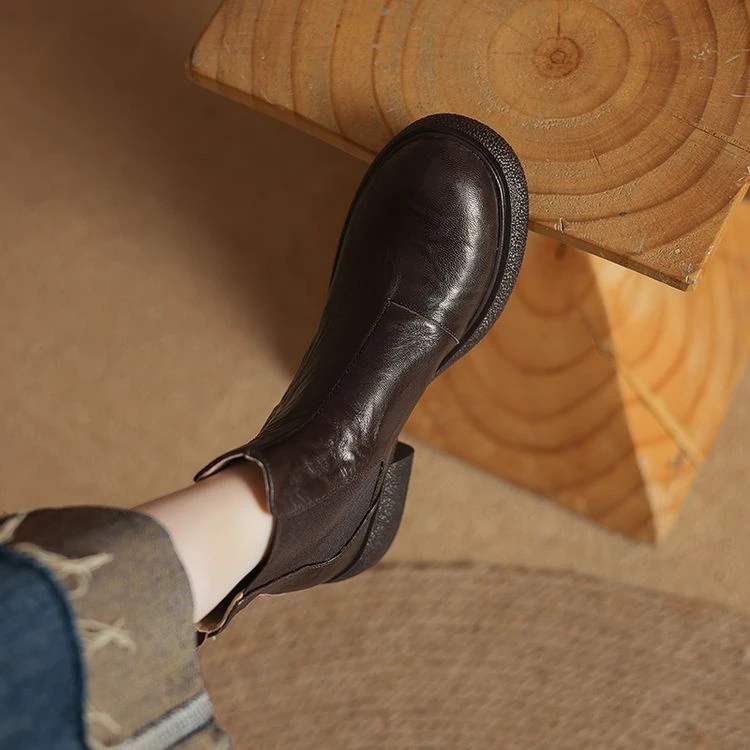 5CM头层羊皮，圆头防滑气质秋冬休闲厚款马丁靴黑女款咖防滑圆头女