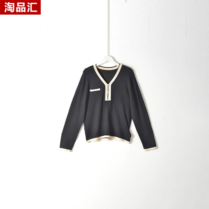 【Y专柜捡漏】深圳中高端女装OLSC-V领显瘦针织毛衫3055-黑色大一码