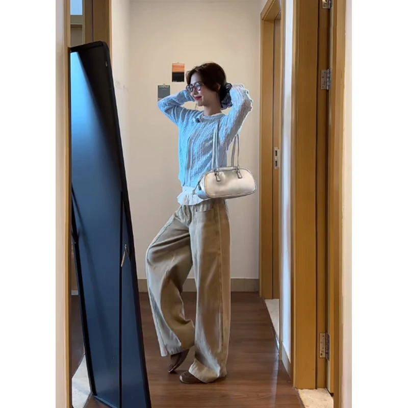 甜美气质修身打底T恤上衣宽松麻花长袖针织开衫蕾丝拼接直筒长裤