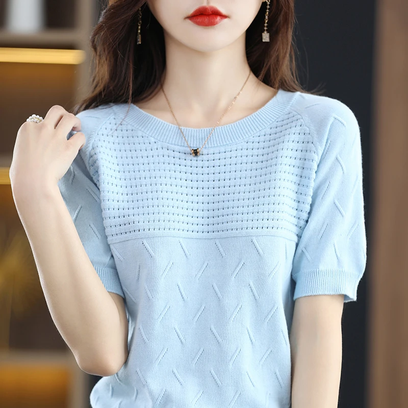 新款女装短袖宽松大码针织衫百搭短袖T恤夏薄款毛衣圆领半袖背心