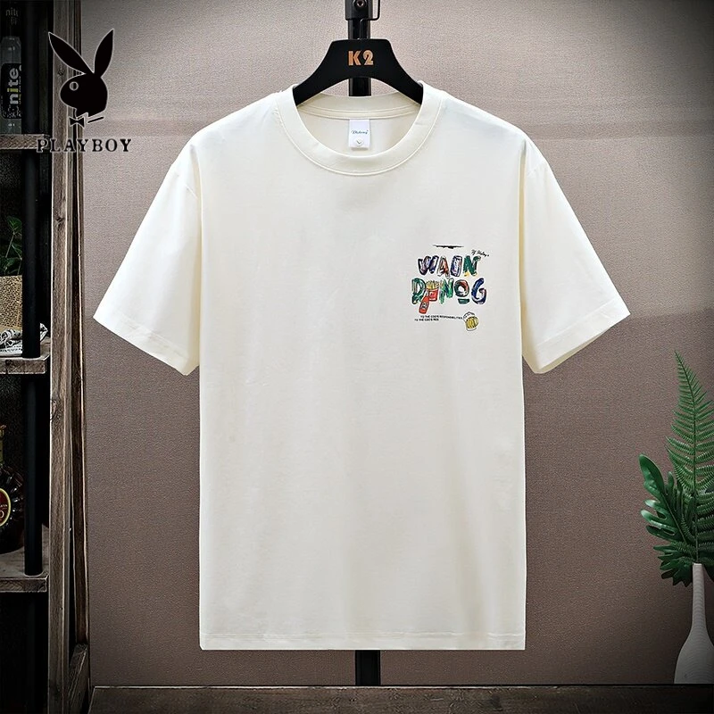 花花公子夏季白色短袖t恤男士潮流透气宽松休闲百搭半袖圆领上衣