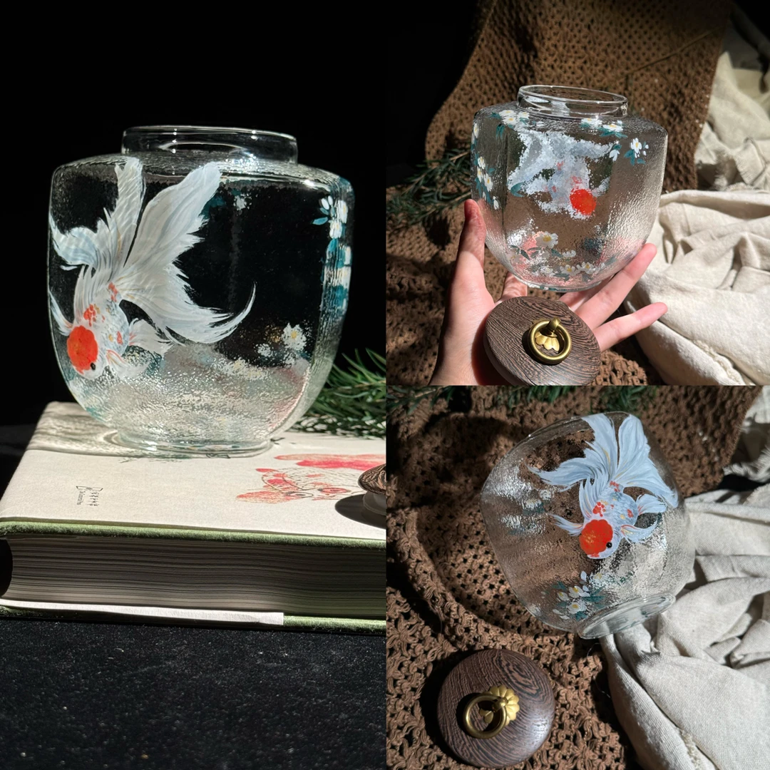 《雪茶映丹》｜孤品｜高硼硅玻璃手绘禅意金鱼茶叶罐咖啡罐储物罐