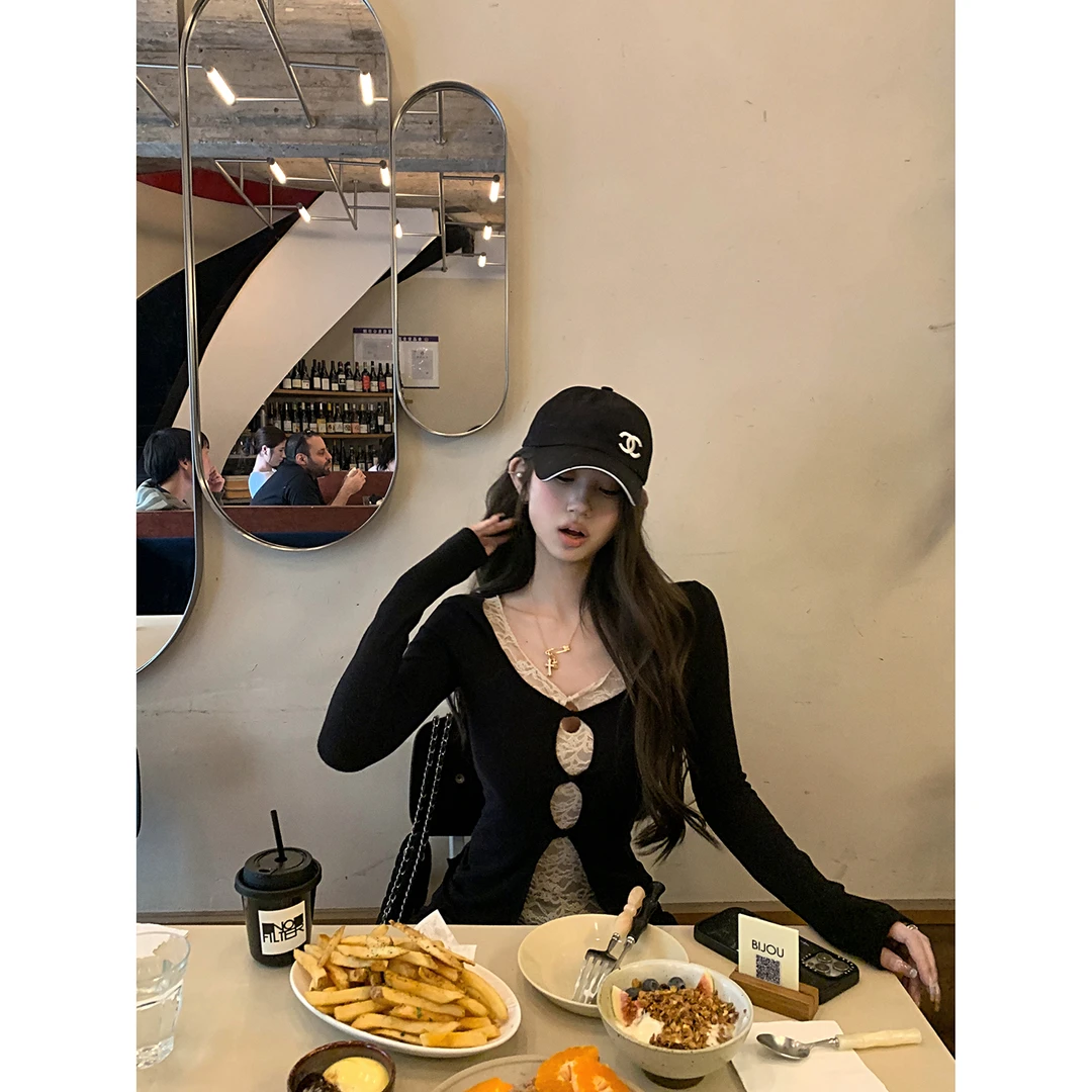 Tongiiuu 洛可Betty 假两件蕾丝针织衫女修身长袖T恤内搭打底上衣