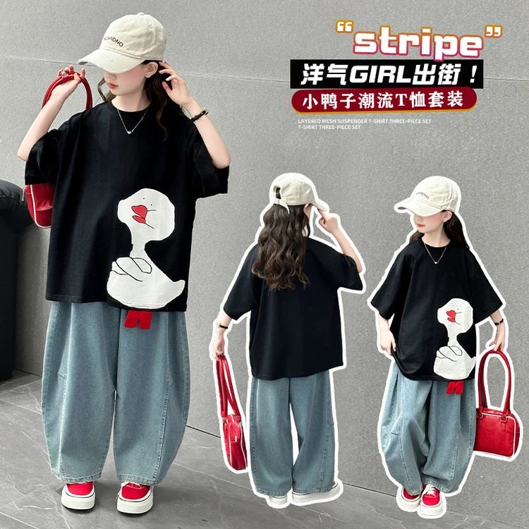 女童短袖套装夏季2025新款韩版儿童女孩宽松两件套牛仔裤潮酷穿搭