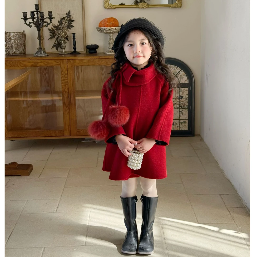壹妈童装女童大衣高端时髦冬季洋气红色儿童毛球大衣外套高级感