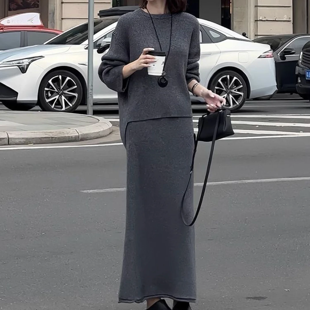 老钱风独特绝美灰色坑条前短后长毛衣鱼尾半裙